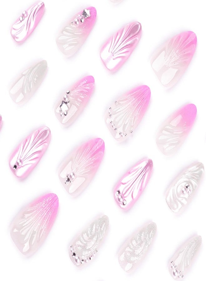 KZBTRBT 3D Handmade Press on Nails with Charms Pink Gradient Shell Water Drop Wear Fake Nails Pearl Diamond Nail Art Fake Nails Summer Aurora Almond Medium 24 Pcs, Nail Tips for Women - Image 3