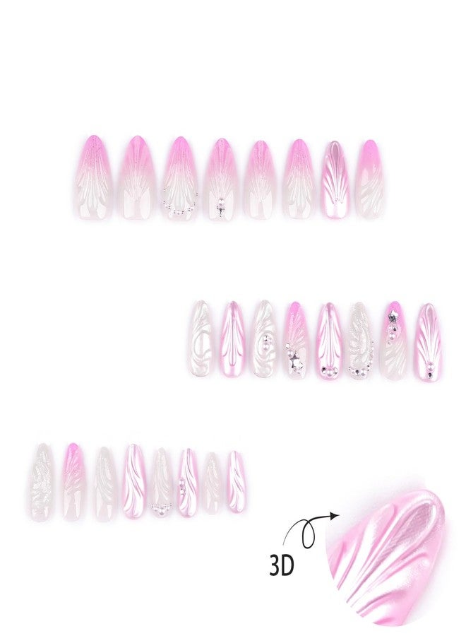 KZBTRBT 3D Handmade Press on Nails with Charms Pink Gradient Shell Water Drop Wear Fake Nails Pearl Diamond Nail Art Fake Nails Summer Aurora Almond Medium 24 Pcs, Nail Tips for Women - Image 2