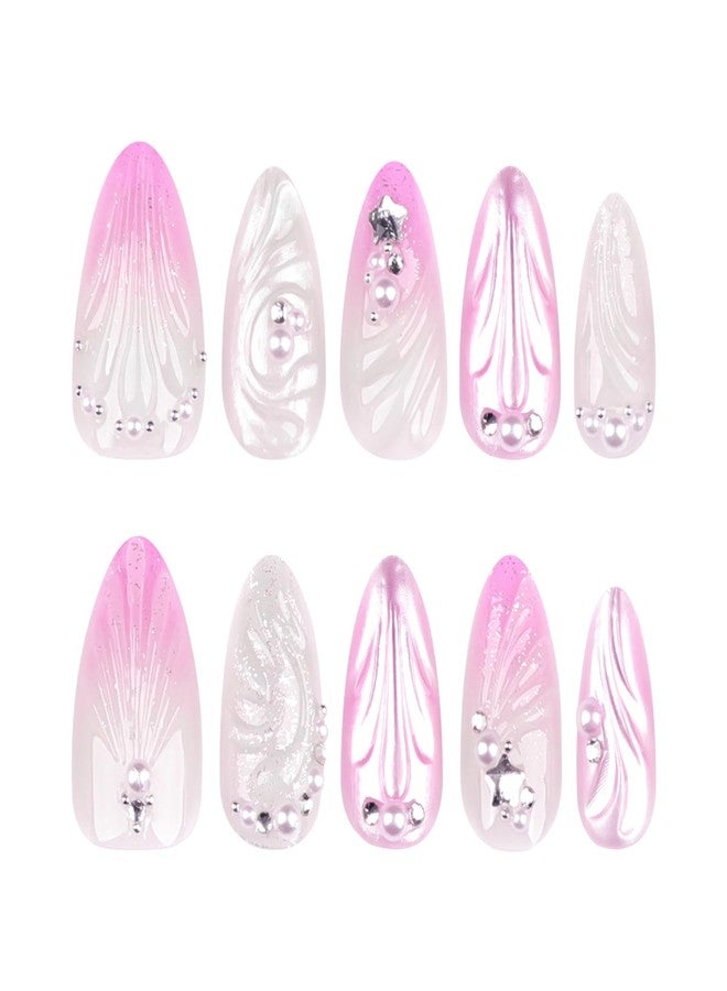 KZBTRBT 3D Handmade Press on Nails with Charms Pink Gradient Shell Water Drop Wear Fake Nails Pearl Diamond Nail Art Fake Nails Summer Aurora Almond Medium 24 Pcs, Nail Tips for Women - Image 1