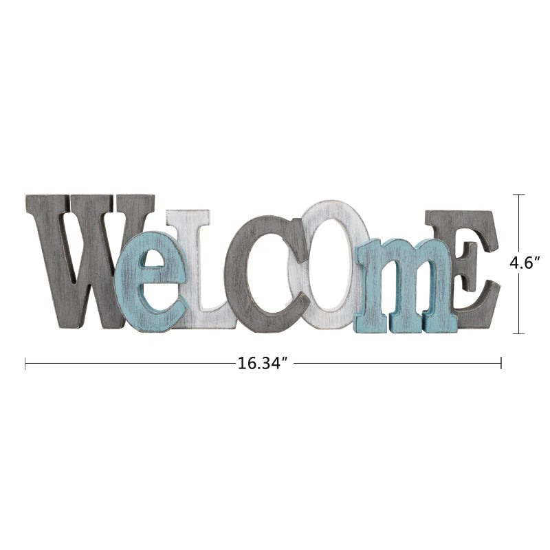 Linfevisi Wooden Welcome Sign Aqua Hanging Block Letters Sign Rustic Freestanding Wood Word Decor Decorative Welcome Table Sign Cutout Word Art Wall Decor (Welcome) - Image 2