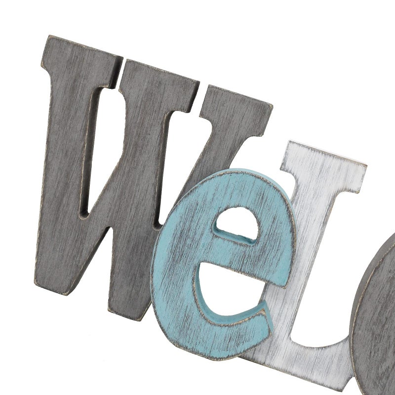 Linfevisi Wooden Welcome Sign Aqua Hanging Block Letters Sign Rustic Freestanding Wood Word Decor Decorative Welcome Table Sign Cutout Word Art Wall Decor (Welcome) - Image 4