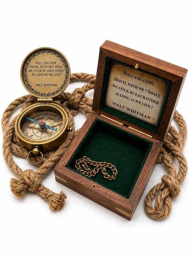 Mai Will You Come Travel With Me? Shall We Stick By Each Other As Long As We Live? Vintage Quote Brass Compass with Wooden Box Scripture-WALT WHITMAN, Gifts Idea, Girls/Boys, Lovers, Husband, Wife, Fiancé - Image 1