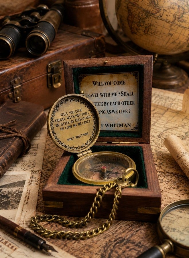 Mai Will You Come Travel With Me? Shall We Stick By Each Other As Long As We Live? Vintage Quote Brass Compass with Wooden Box Scripture-WALT WHITMAN, Gifts Idea, Girls/Boys, Lovers, Husband, Wife, Fiancé - Image 2