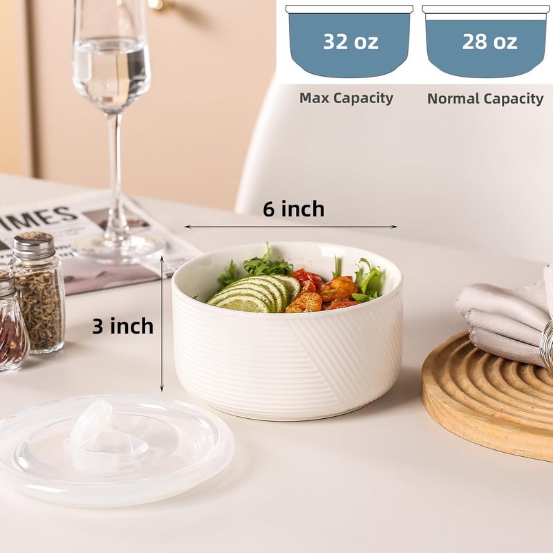 Adewnest Large Ceramic Bowls with Lids 32 oz Microwave Safe Food Storage Containers for Soup Salad Meal Prep Lunch Picnic Camping  6 Inch Set of 4 White - Image 2