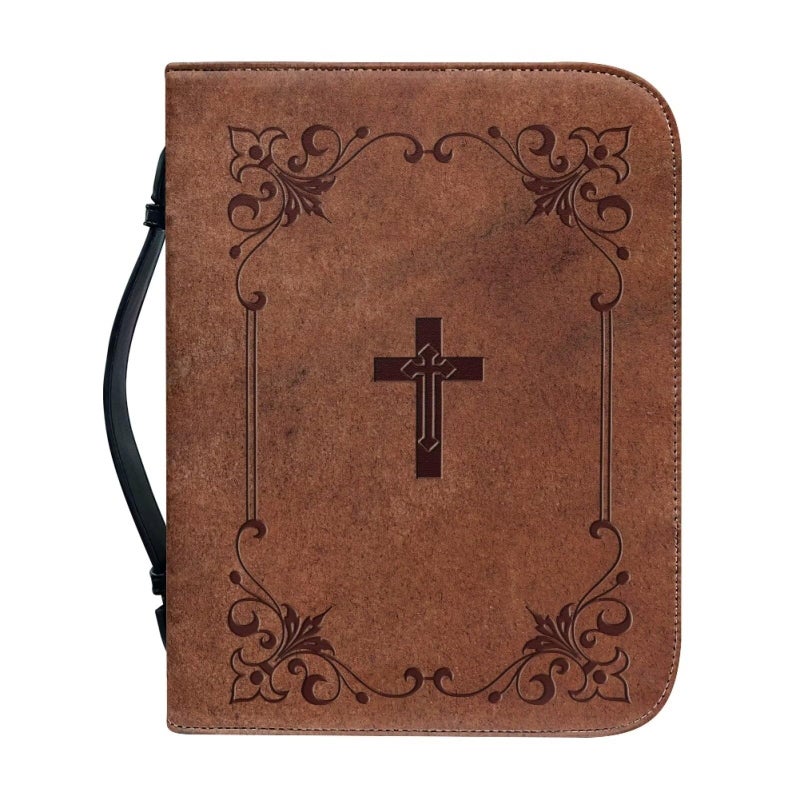 Psesaysky Retro Cross Women Bible Carrying Case Large Size Waterproof Bible Organizer Bag Portable Bible Covers with Handle Lightweight PU Leather Bible Carrier - Image 2