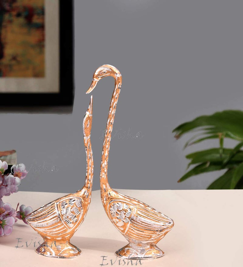 Evisha Rose Golden Metal Vastu Decorative Figurine Romantic Kissing Swan Pair Duck Showpiece