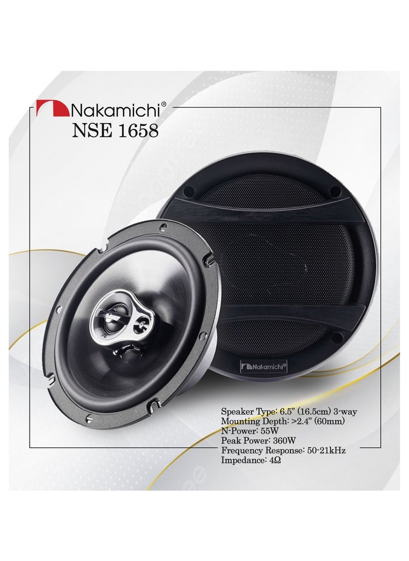 NAKAMICHI Nse1658 6.5-Inches Car Stereo 3 Way Coaxial Speaker 360 Watts Peak Power 50-21Khz Frequency Response  - Image 2