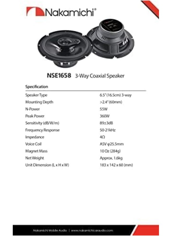 NAKAMICHI Nse1658 6.5-Inches Car Stereo 3 Way Coaxial Speaker 360 Watts Peak Power 50-21Khz Frequency Response  - Image 4