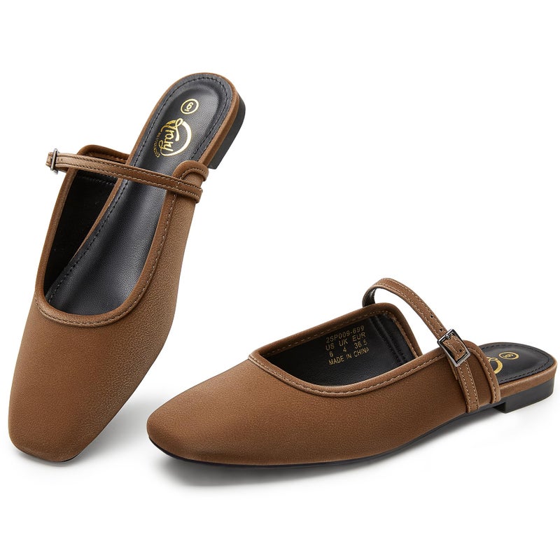 Trary Mules for Woman Mary Jane Flat Shoes Slip on Comfortable Backless Loafers Flats Square Toe Office Casual Vintage Brown - Image 1