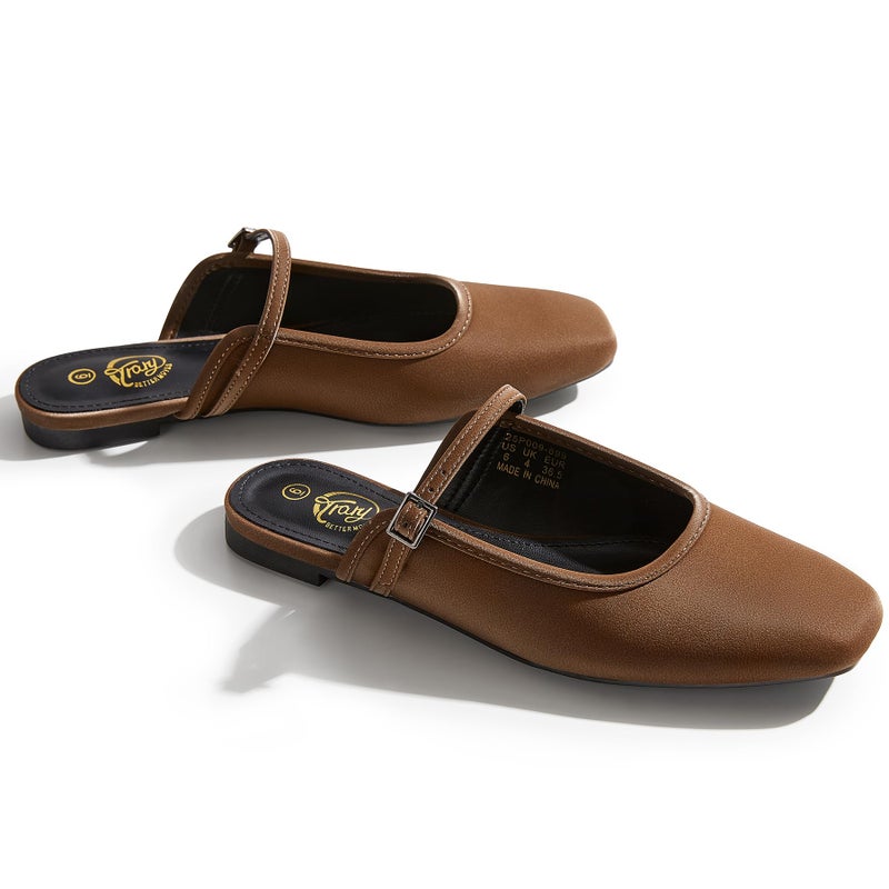 Trary Mules for Woman Mary Jane Flat Shoes Slip on Comfortable Backless Loafers Flats Square Toe Office Casual Vintage Brown - Image 3