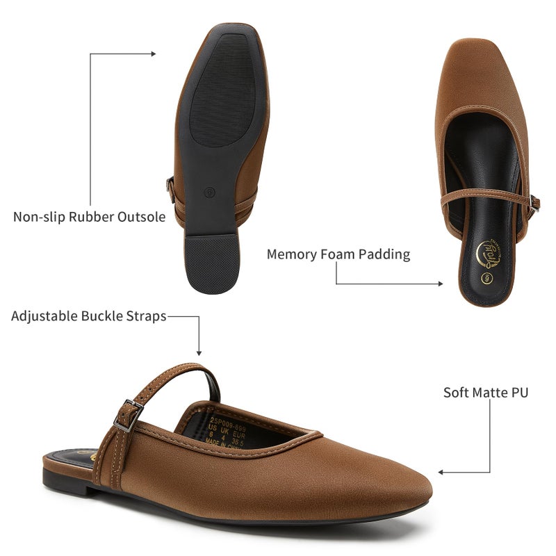 Trary Mules for Woman Mary Jane Flat Shoes Slip on Comfortable Backless Loafers Flats Square Toe Office Casual Vintage Brown - Image 5