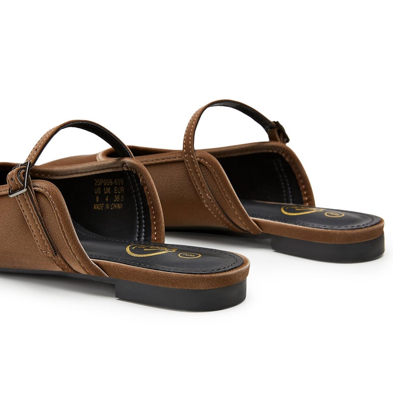 Trary Mules for Woman Mary Jane Flat Shoes Slip on Comfortable Backless Loafers Flats Square Toe Office Casual Vintage Brown - Image 4