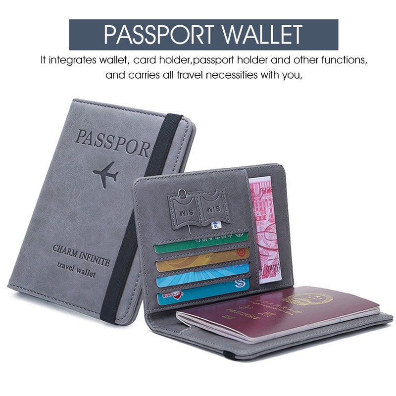 ELEPHANTBOAT® Passport Holder for Men & Women, RFID Blocking PU Leather Travel Wallet Cover, Bifold Passport Case with Card Slots, Cash & Ticket Pocket - Grey - Image 3