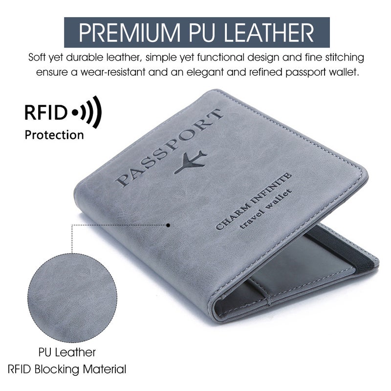 ELEPHANTBOAT® Passport Holder for Men & Women, RFID Blocking PU Leather Travel Wallet Cover, Bifold Passport Case with Card Slots, Cash & Ticket Pocket - Grey - Image 4