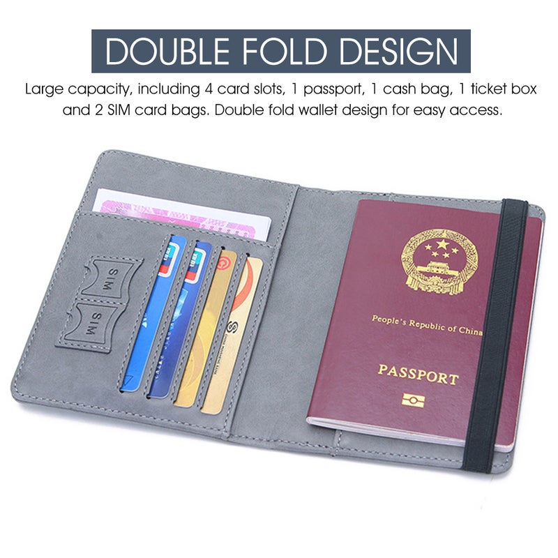 ELEPHANTBOAT® Passport Holder for Men & Women, RFID Blocking PU Leather Travel Wallet Cover, Bifold Passport Case with Card Slots, Cash & Ticket Pocket - Grey - Image 5