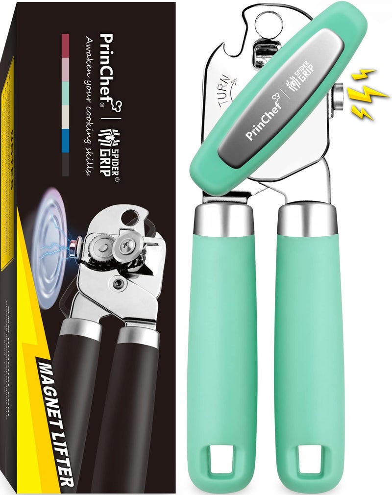 PrinChef Can Opener Manual Can Tin Bottle Opener with Magnet  NoTroubleLidLift Handheld Can Opener Smooth Edge with Sharp Blade Heavy Duty and Easy to Use for Seniors with Arthritis Green