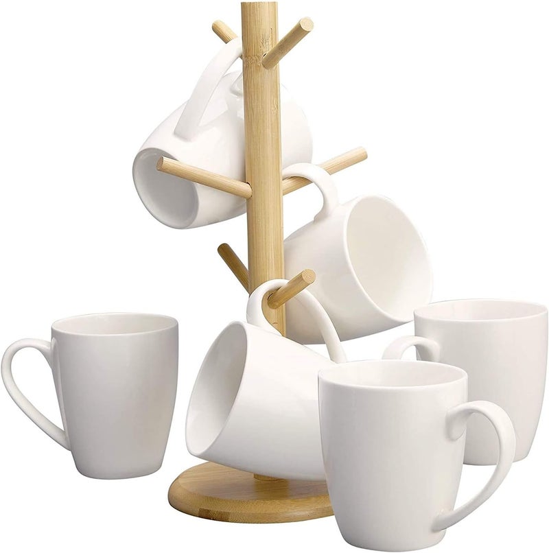 DECORDINE Coffee Mug Set of 6 Ceramic Coffee Cups 12 oz Elegant White with Stand  Mug Holder Tree  Wood Organizer Rack with 6 Hook Hangers  Cup Stand for Kitchen Counter Tops - Image 1