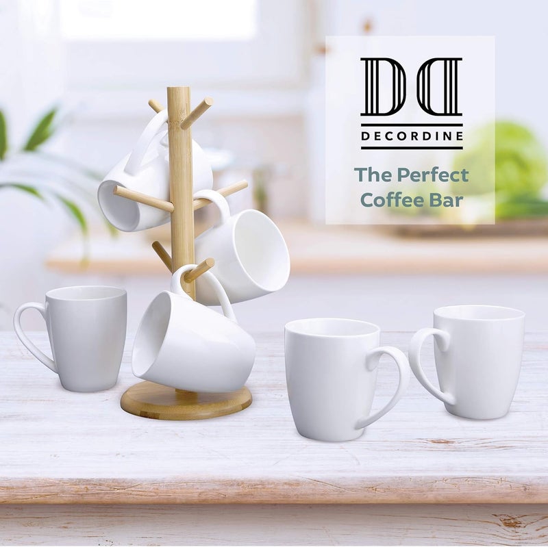 DECORDINE Coffee Mug Set of 6 Ceramic Coffee Cups 12 oz Elegant White with Stand  Mug Holder Tree  Wood Organizer Rack with 6 Hook Hangers  Cup Stand for Kitchen Counter Tops - Image 5