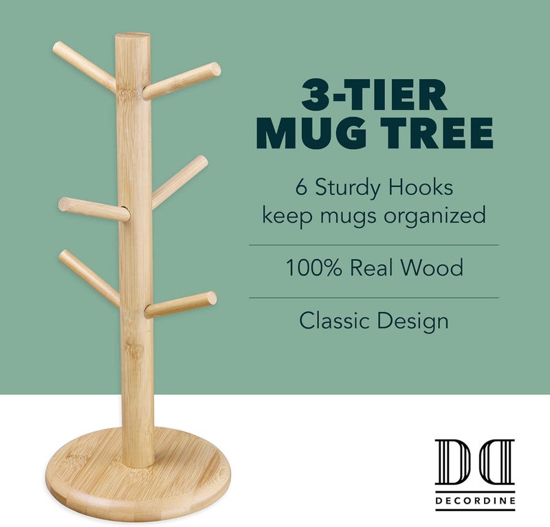 DECORDINE Coffee Mug Set of 6 Ceramic Coffee Cups 12 oz Elegant White with Stand  Mug Holder Tree  Wood Organizer Rack with 6 Hook Hangers  Cup Stand for Kitchen Counter Tops - Image 4