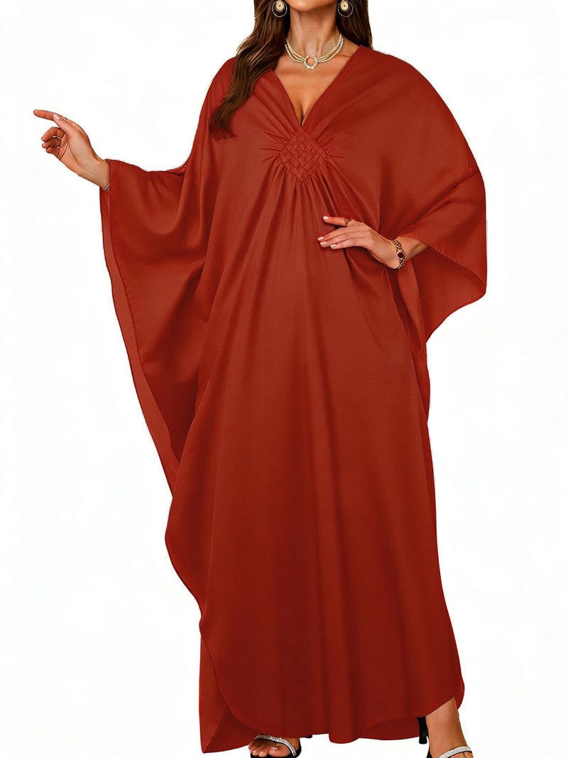 JILUVIN Kaftan Dresses for Women Plus Size V Neck Caftans Long Batwing Sleeve Beach Cover Ups Summer Floral Print Dress (Burnt Orange,One Size)