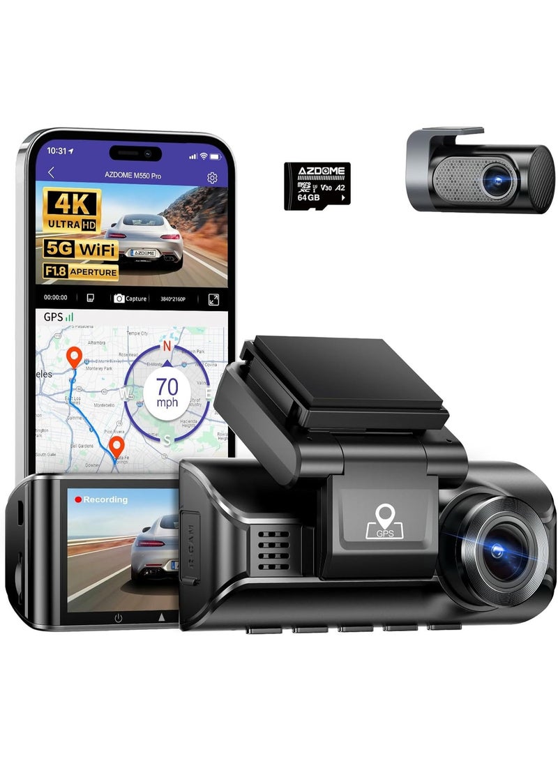 أزدوم كاميرا AZDOME 4K 5G WiFi للسيارة، شاشة IPS مقاس 3.18 بوصة، بطاقة ذاكرة 64 جيجابايت مرفقة، كاميرا أمامية وخلفية بدقة 4K+1K، نظام تحديد المواقع العالمي (GPS) مدمج، نطاق ديناميكي واسع (WDR)، رؤية ليلية بالأشعة تحت الحمراء، وضع ركن السيارة على مدار 24 ساعة - Image 1