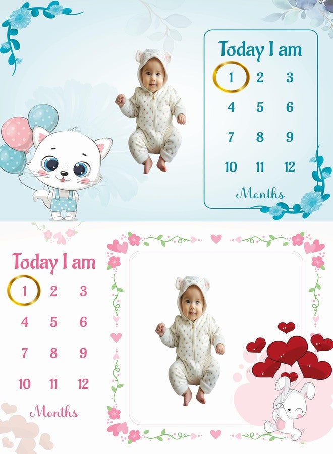 Hoolloomooloo Milestone Blanket Pack of 2 | Kitty Balloon & Bunny Heart Designs | Baby Monthly Photoshoot Props with 15 Cards & 1 Golden Ring Each | Soft Fleece 90x120 cm for Infants - Image 1