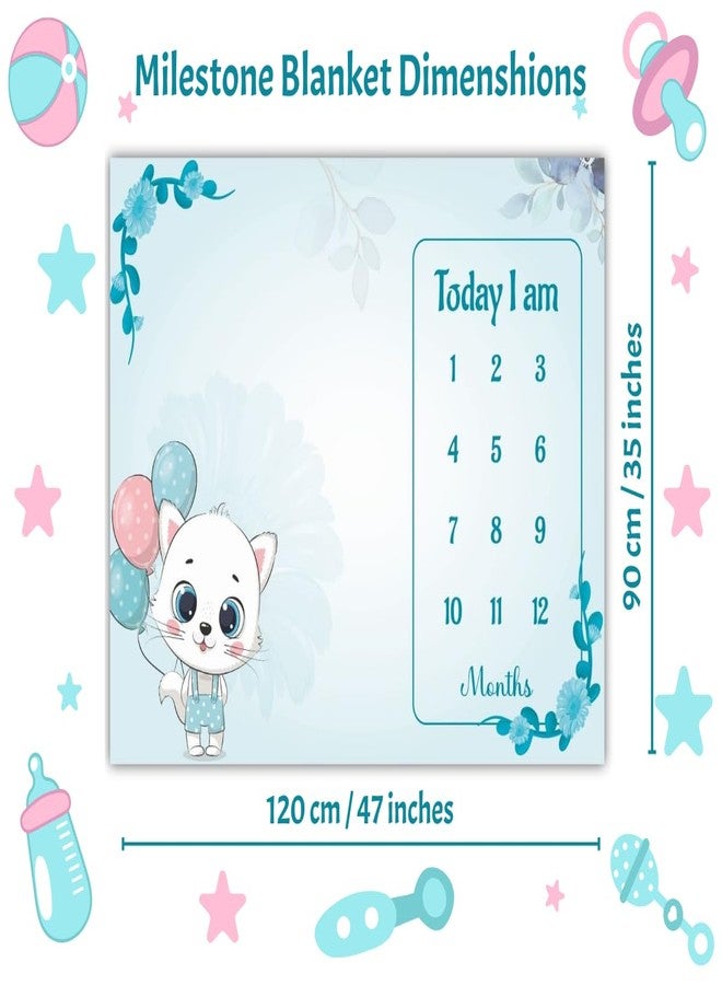 Hoolloomooloo Milestone Blanket Pack of 2 | Kitty Balloon & Bunny Heart Designs | Baby Monthly Photoshoot Props with 15 Cards & 1 Golden Ring Each | Soft Fleece 90x120 cm for Infants - Image 2