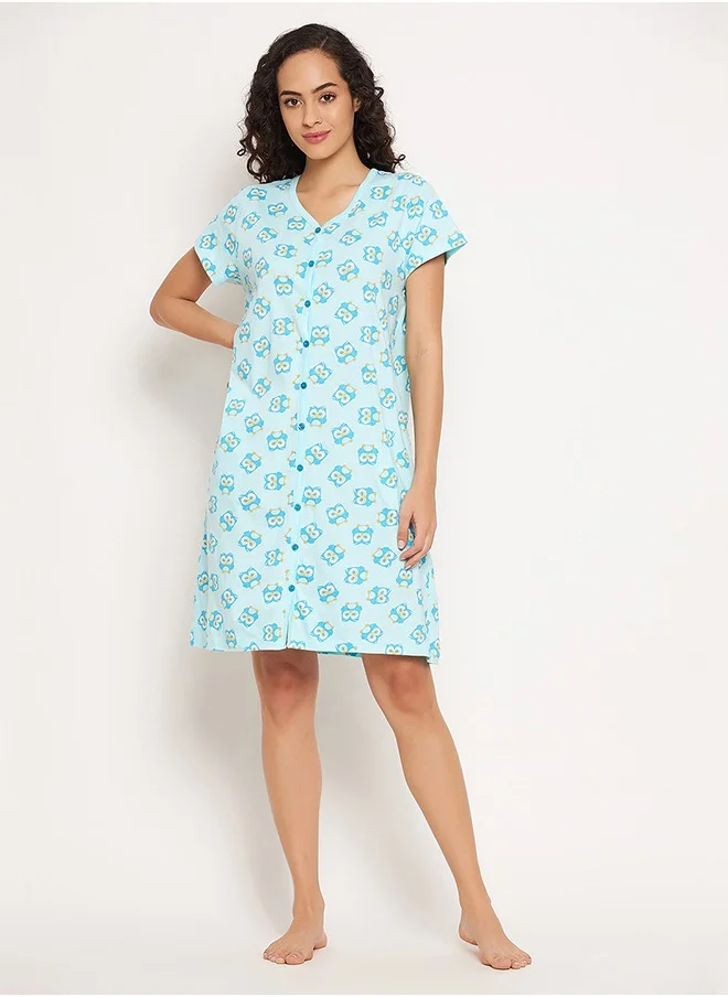 كلوفيا Clovia Owl Print Button Me Up Short Nightdress in Sky Blue - 100% Cotton