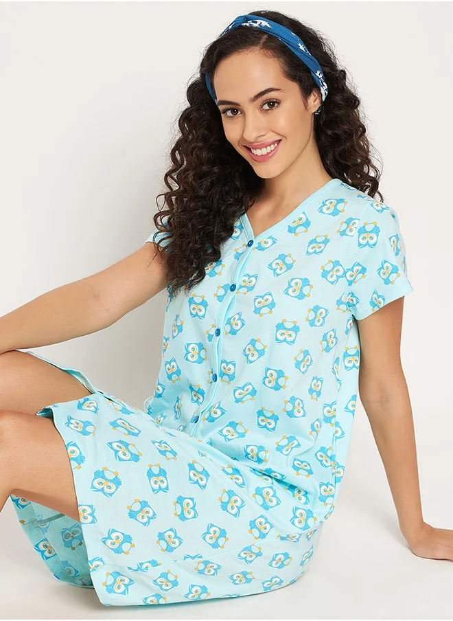 Clovia Clovia Owl Print Button Me Up Short Nightdress in Sky Blue - 100% Cotton