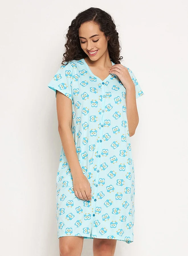 Clovia Clovia Owl Print Button Me Up Short Nightdress in Sky Blue - 100% Cotton