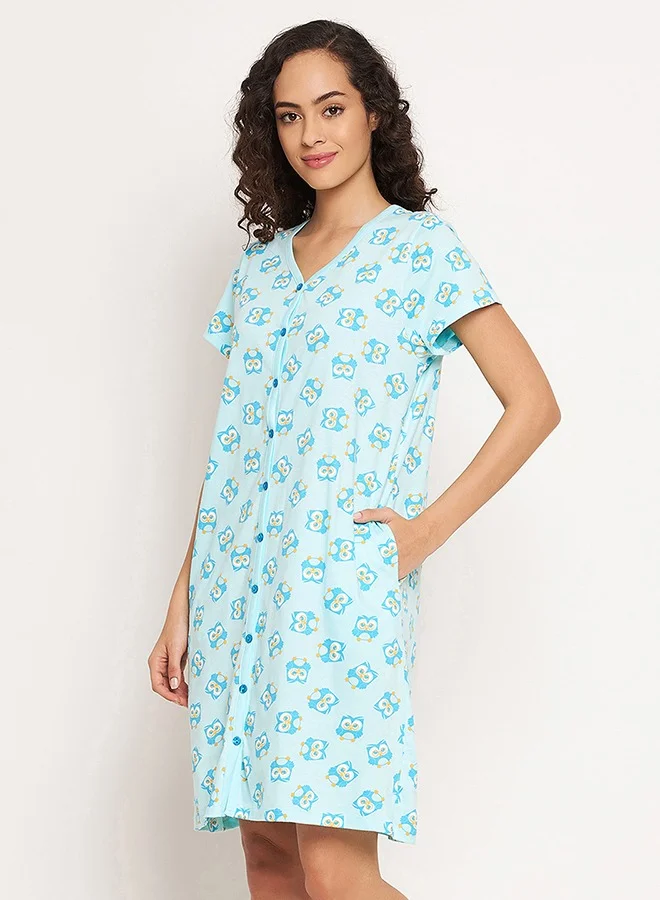 Clovia Clovia Owl Print Button Me Up Short Nightdress in Sky Blue - 100% Cotton