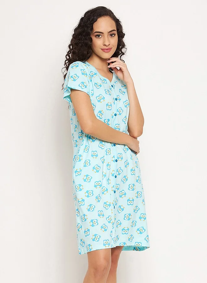 Clovia Clovia Owl Print Button Me Up Short Nightdress in Sky Blue - 100% Cotton