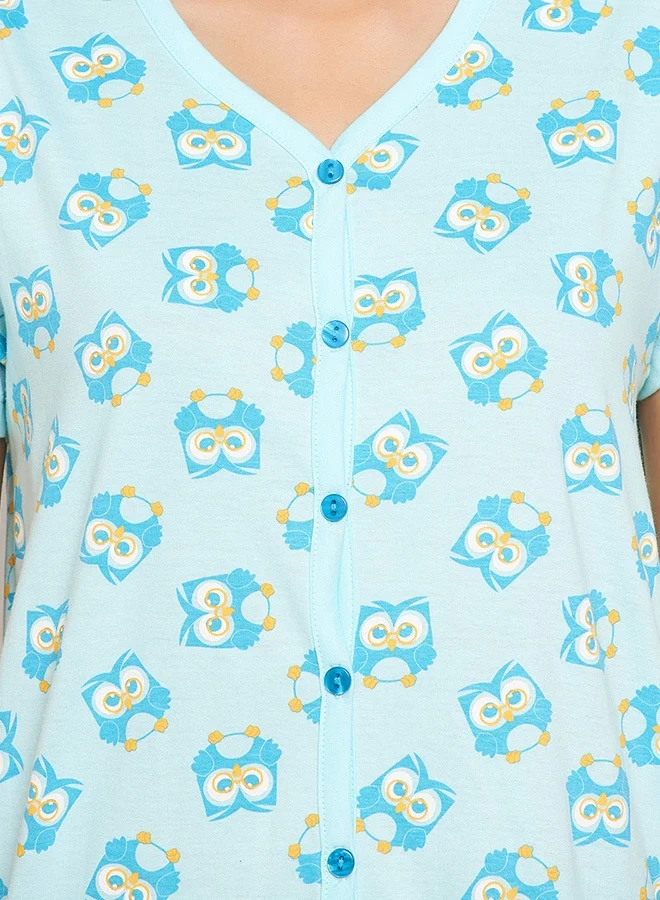 Clovia Clovia Owl Print Button Me Up Short Nightdress in Sky Blue - 100% Cotton