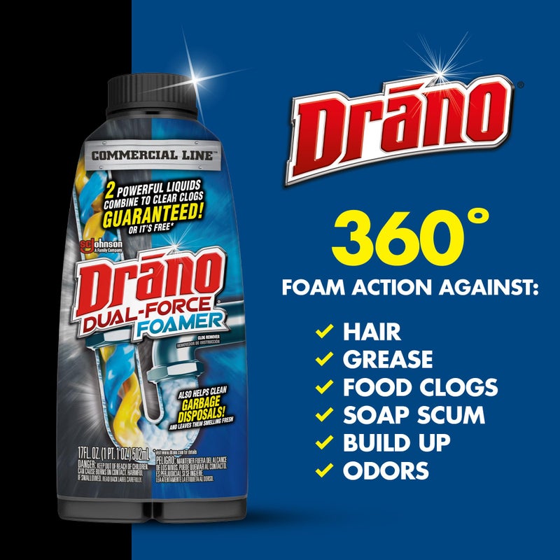 Drano Dual-Force Foamer Clog Remover, Commercial Line, 17 oz - Image 3