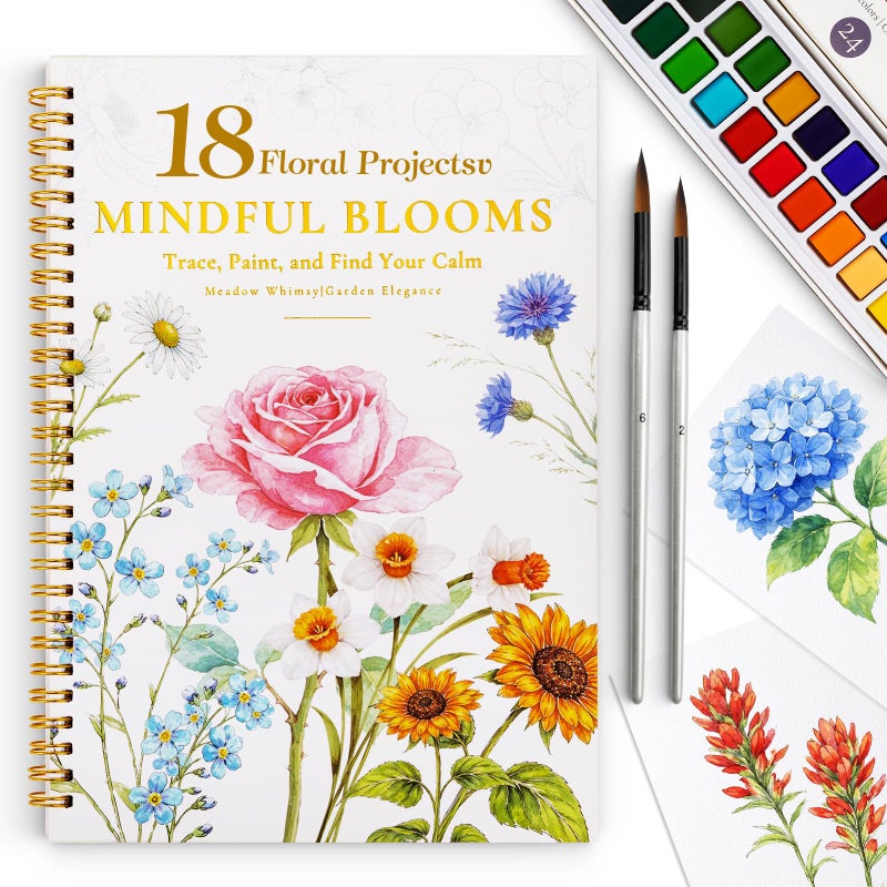 Dmsky Watercolor Workbook for Beginners,18 Floral Water Coloring Book,Relaxing & Easy to Paint Water Coloring Book with 24 Colors-Perfect for Gifting to Creativity & Joy for Adults - Image 1
