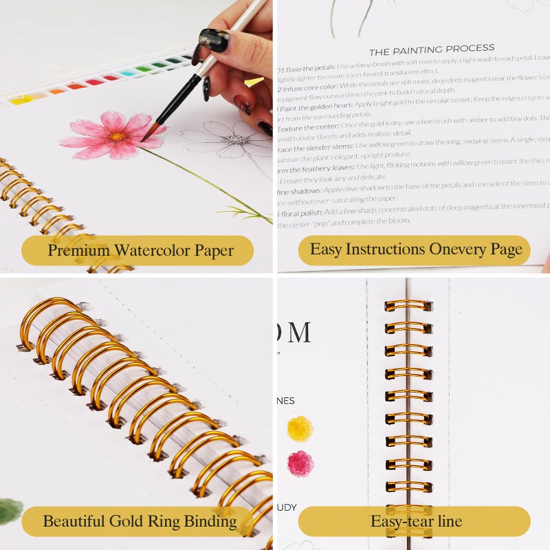 Dmsky Watercolor Workbook for Beginners,18 Floral Water Coloring Book,Relaxing & Easy to Paint Water Coloring Book with 24 Colors-Perfect for Gifting to Creativity & Joy for Adults - Image 5
