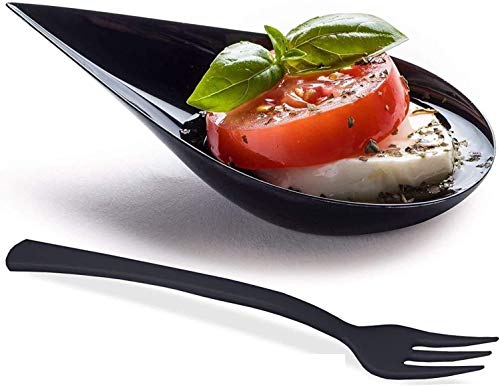 DLux 100 4in Tear Drop Mini Appetizer Plates with ForksReusable Black Plastic Spoons  Desserts and Appetizers Dishes Serving Plate  Asian Spoon Set Small Catering Dessert Tasting Cups