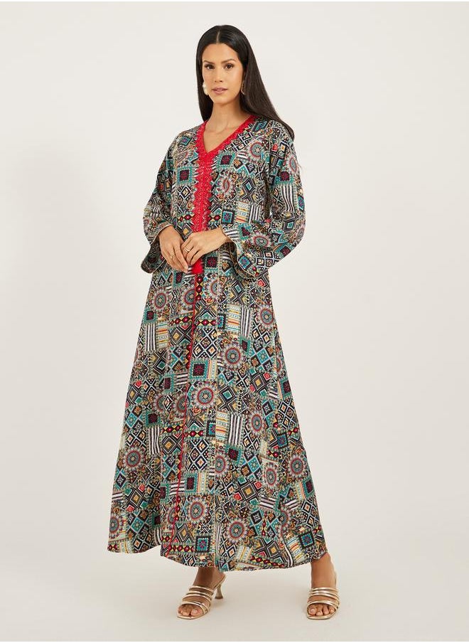 Maxim Creation - Abstract Print Embroidered A-Line Jalabiya by Styli - Image 1