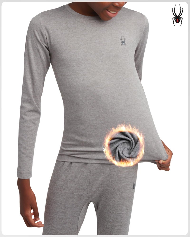 Spyder Kids Thermal Underwear Set - 2 Piece Moisture Wicking Insulated Girls Boys Thermal Set Base Layer Long Johns for Kids, Size 12-14, Heather Grey - Image 2