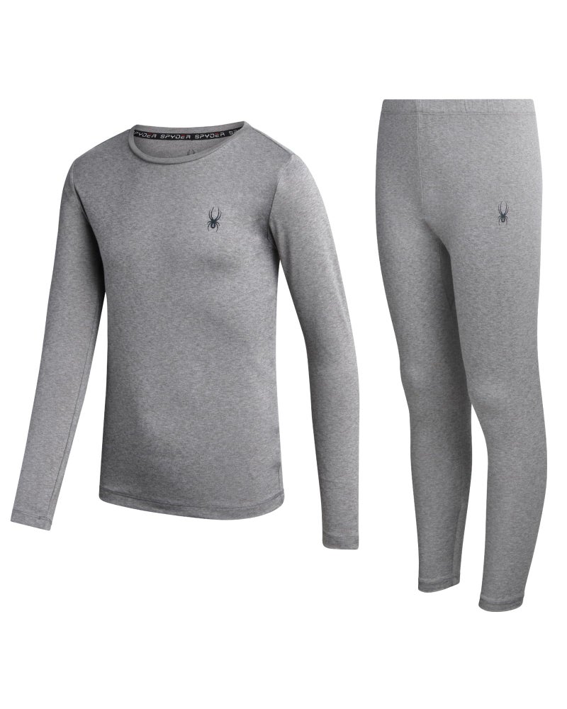 Spyder Kids Thermal Underwear Set - 2 Piece Moisture Wicking Insulated Girls Boys Thermal Set Base Layer Long Johns for Kids, Size 12-14, Heather Grey - Image 1
