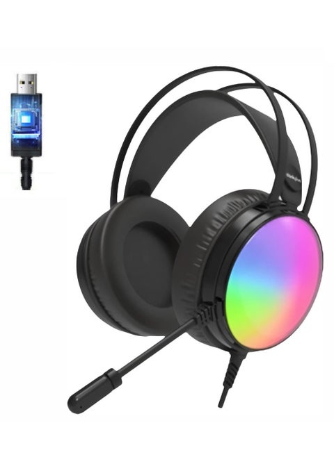 سماعة رأس G83B USB للألعاب RGB 7.1 سماعة رأس افتراضية للألعاب - برامج تشغيل مزدوجة مقاس 50 مم - صوت جهير عميق - ميكروفون لتقليل الضوضاء - تحكم في الراس للكمبيوتر الشخصي | أسواد