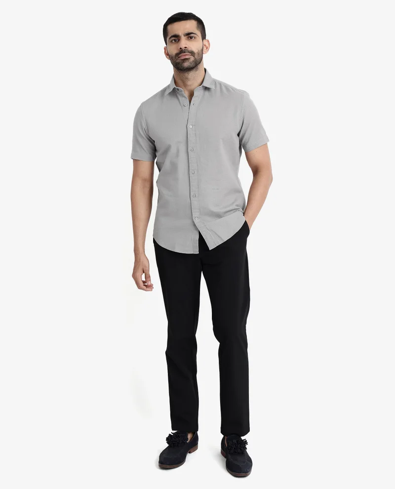 Rare Rabbit Rare Rabbit Men's Rissa Grey Cotton Fabric Half Sleeves Solid Dobby Shirt