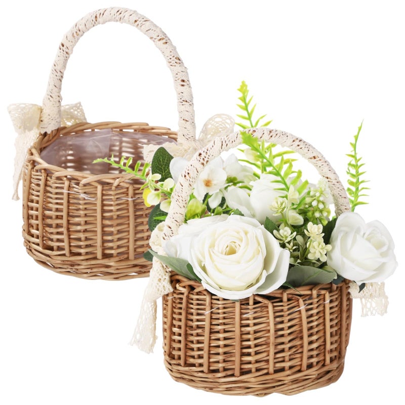 TIMCORR 2 Pcs Flower Girl Basket,Small Wicker Baskets with Handle,Rattan Flower Girl Basket Set,Multi-Purpose Decorative Storage Organizer,Handmade for Weddings,Parties,Home Decor - Image 1
