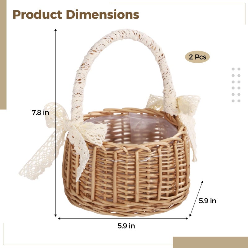 TIMCORR 2 Pcs Flower Girl Basket,Small Wicker Baskets with Handle,Rattan Flower Girl Basket Set,Multi-Purpose Decorative Storage Organizer,Handmade for Weddings,Parties,Home Decor - Image 4