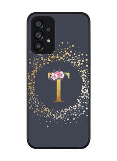 Rugged Black edge case for Samsung Galaxy A73 5G Slim fit Soft Case Flexible Rubber Edges Anti Drop TPU Gel Thin Cover - Custom Monogram Initial Letter Floral Pattern Alphabet - T (Grey )