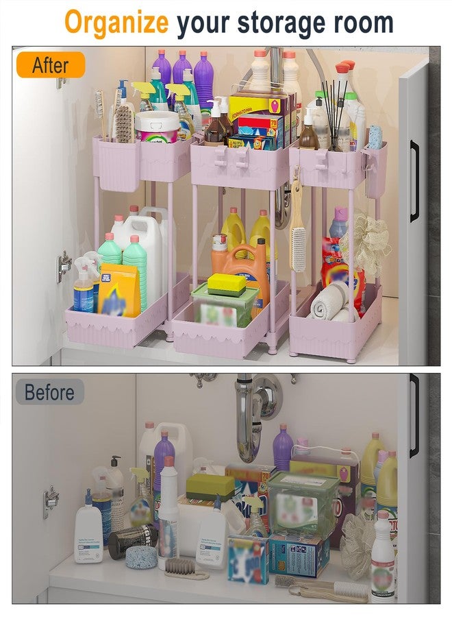 Sevenblue مجموعة منظمات Sevenblue الثلاثية تحت الحوض، منظمات متعددة الاستخدامات للمطبخ والحمام من طبقتين مع أدراج منزلقة، منظم خزانة الحمام (وردي، 14.8 بوصة) - Image 3