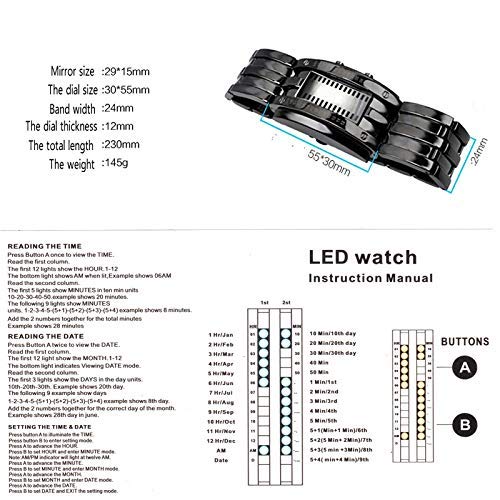 Reginald Mens Binary Watches for Men Matrix Dial Cool Watches Outdoor Sport Casual Black Bracelet Square Blue LED Stainless Steel Mens Watches - Image 5