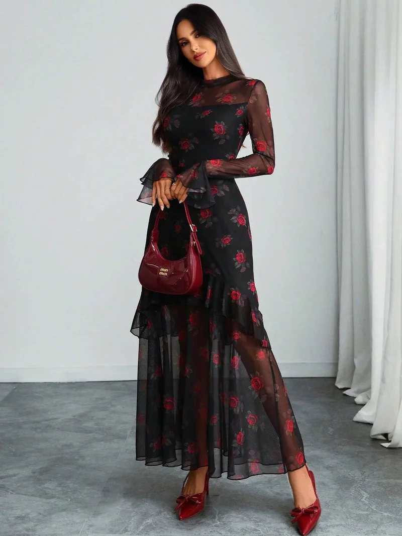 أوجيدر Black Bell Sleeve Printed Ruffle Detail Dress