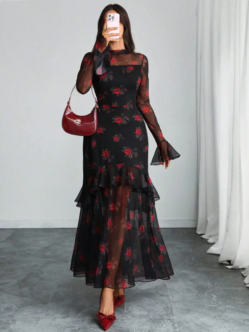 Outzidr  Black Bell Sleeve Printed Ruffle Detail Dress for Women | Best Price UAE