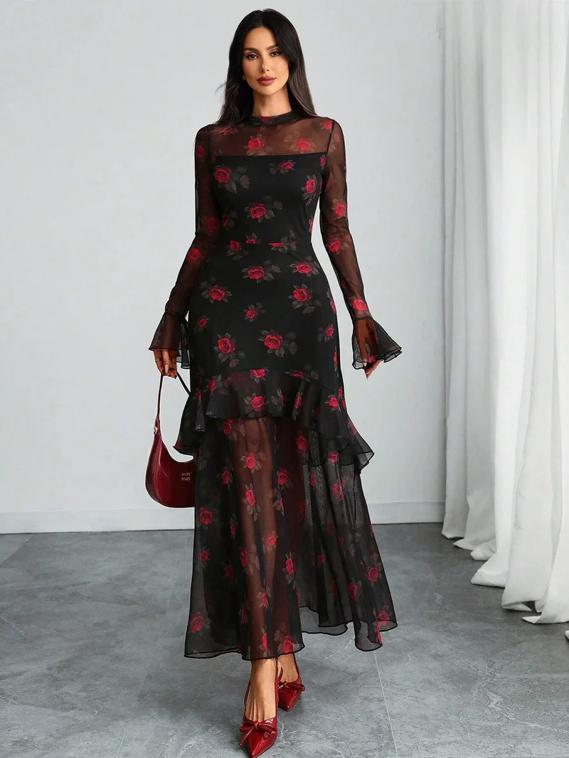 Outzidr  Black Bell Sleeve Printed Ruffle Detail Dress for Women | Best Price UAE